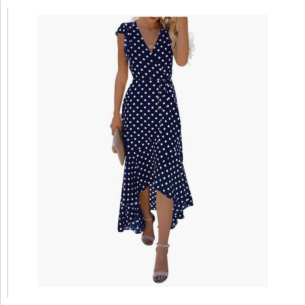 Elegant Navy Polka Dot High Low Dress